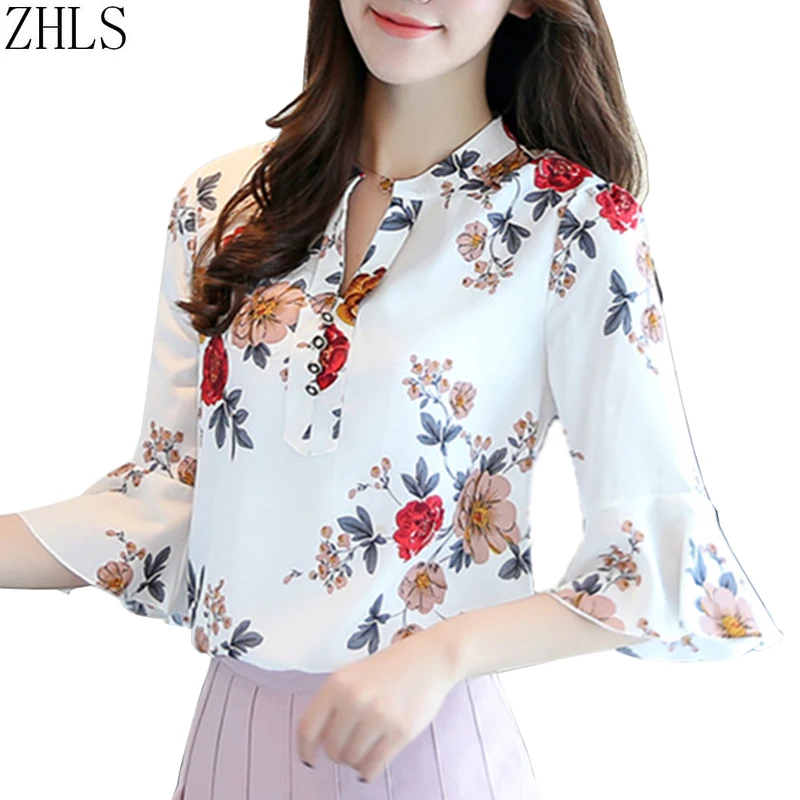 2018 Flower Printed Women Blouses Summer Three Quarter