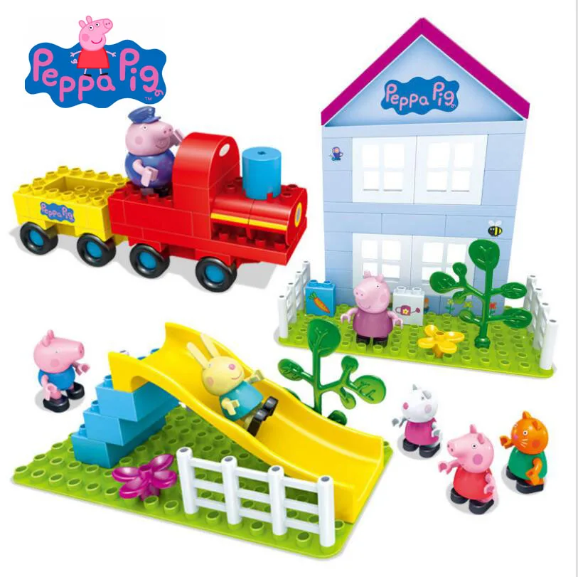 

Hot sale Deluxe series Genuine Peppa Pig - educational Building blocks set children's toy train sliding playhouse set toy