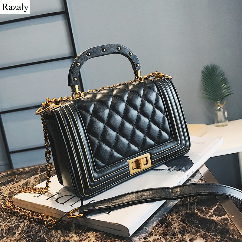

Razaly brand high quality vintage leather diamond lattice shoulder tote small handbag gold chain new bag ladies satchels