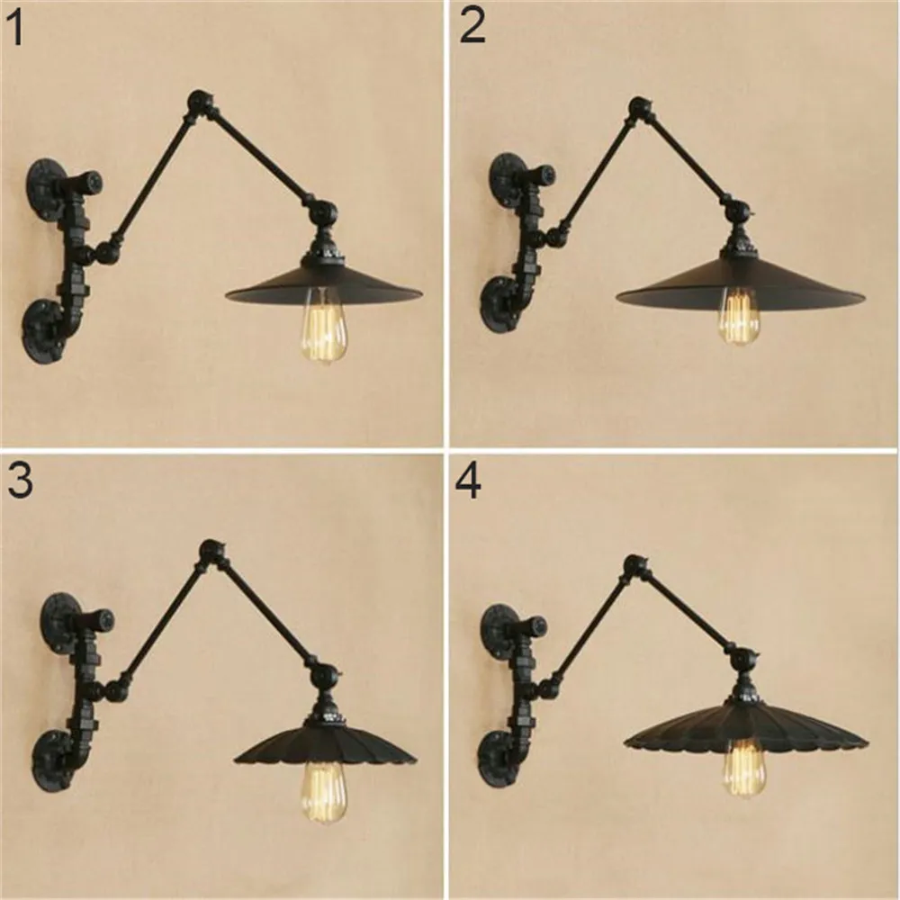 

2018 New Design Water pipe base swing arm wall light Vintage D22/24/30/34cm Black metal shades pluming decor wall lamp parede
