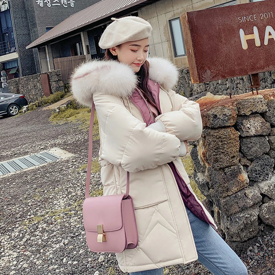 Candy colors winter coat women fashion large fur collar hooded thick warm jacket women Medium long parka outwear plus size