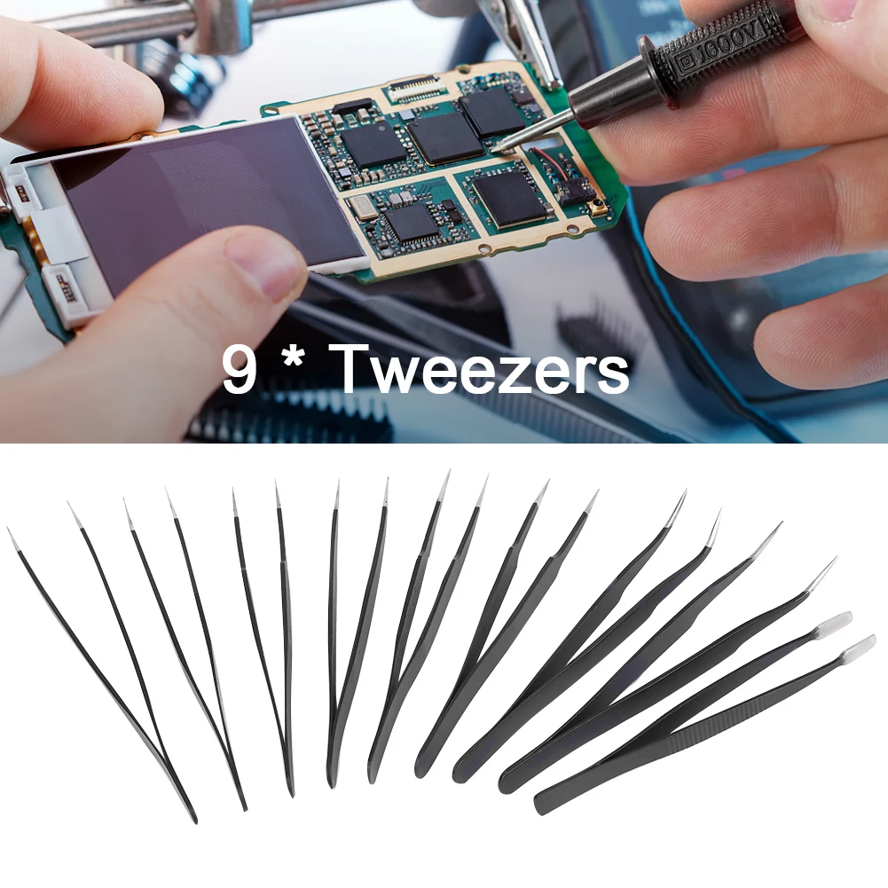 

9Pcs/set Anti-stati Tweezers For Soldering Iron Stainless Steel Antistatic Nipper Antistatic Safe Tweezers for SMD