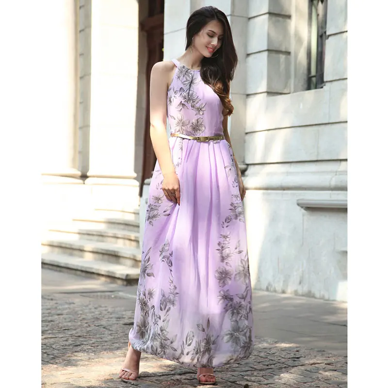 violet Floral Print Sleeveless High Waist Long Maxi Dress