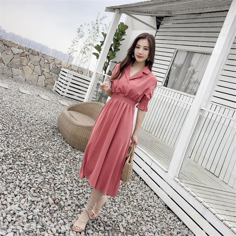 

Summer chiffon dress 2019 new Korean version of high waist temperament dress Slim thin large size one piece dress vestidos LR77