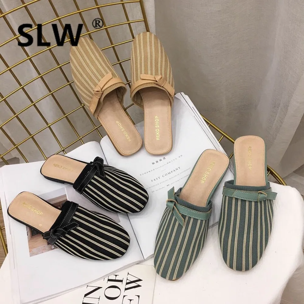 

Mules Womens Shoes Slides Cover Toe Loafers Gingham Slippers Summer Socofy Sliders Soft 2019 Flat Striped Basic Rome PU Rubber