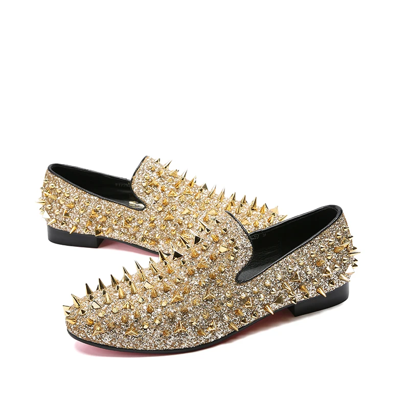 Loafers Mão Da Preto Dourado Casamento Moda Sapatos Flats Mocassins À Homens Deslizar Sobre Mabaiwan Chinelo Glitter Rebites ouro Ouro Picos Feitos Do Vestido De Couro wBzU1E1q