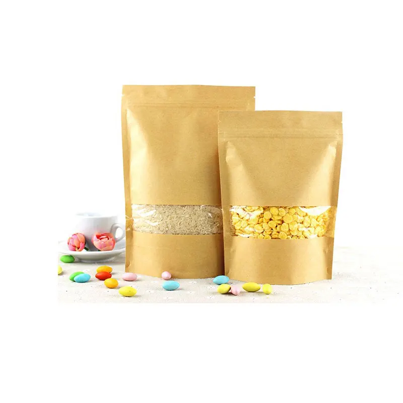 100pcs Brown Kraft Paper Bags For Gifts/candy/tea/food/wedding With Window Stand Up Zipper Kraft Bags Crafts Packing Bag Display