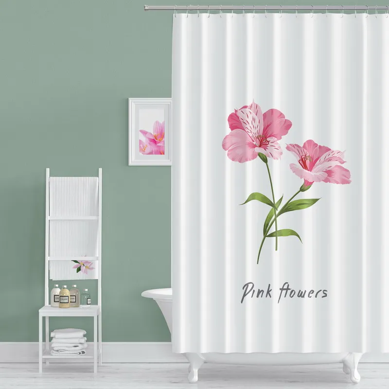 Pink Flowers Printing Shower Curtain 3D Polyester Fabric Waterproof