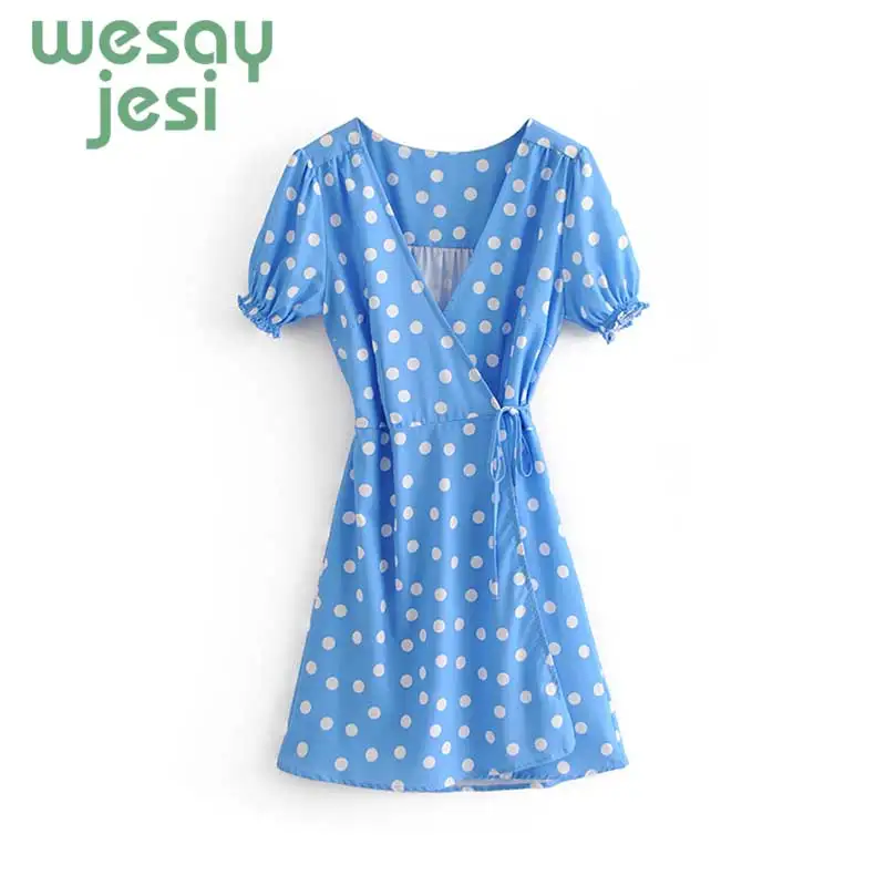 

Print Dress Women Blue Wrap Dress Polka Dot Bandage Mini Dress 2019 Summer V-Neck Sweet Short Sleeve Female Dresses