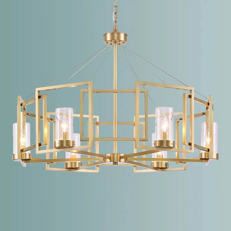 Classical Copper Box Chandelier Geometric Frame LED Suspension Lamp For Living Room Hanging