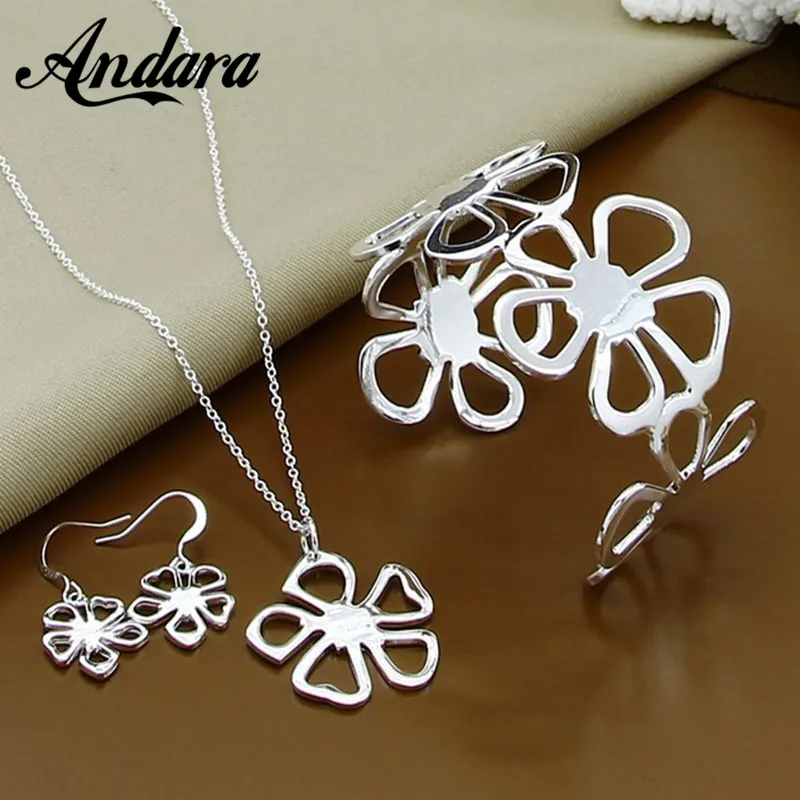 

Vintage Big Flower Jewelry Sets Silver Color Necklace Cuff Bracelet Earrings Bridal Wedding Jewelry For Women Gift