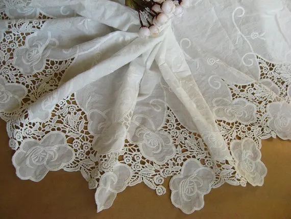

off white cotton lace trim, wide embroidered lace cloth, vintage fabric, hollowed floral lace fabric, bridal fabric, LT091CO