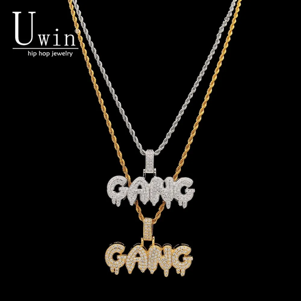 

UWIN GANG Drip Bubble Letters Pendant AAA CZ Bling Iced Out Micro Paved Hip hop Necklace Men's Hiphop Jewelry