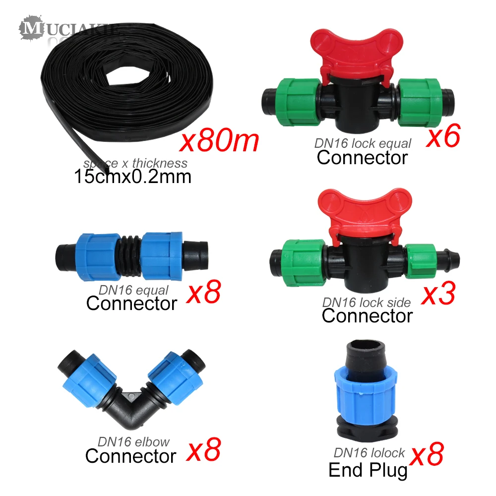 

MUCIAKIE 80M Garden Greenhouse Water Drip Tape Irrigation Kit with Drop Space 15CM Tape DN16 Equal Elbow Connector End Plugs