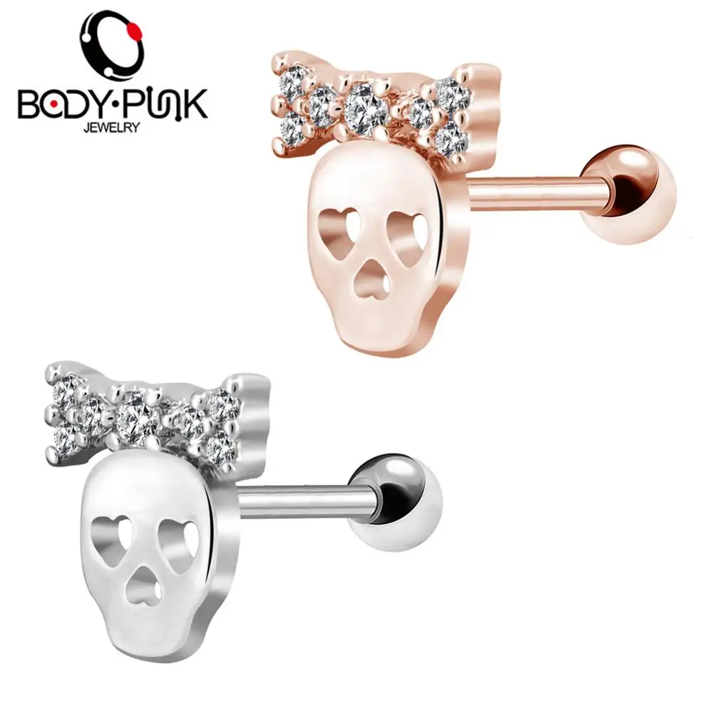 

Body Punk Cute Skull Ear Cartilage Helix Earring Piercings 16G Surgical Steel CZ Daith Tragus Studs Piercing Rose Gold Women
