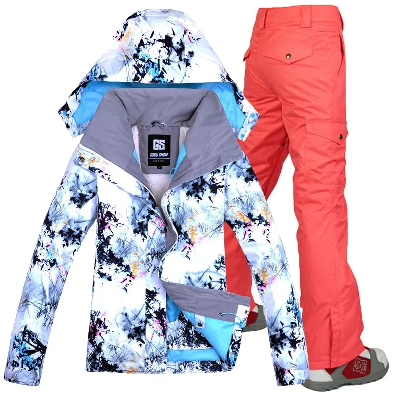 Женский лыжный костюм GSOU с двойным одним бортом, уличная Толстая теплая спортивная дышащая водонепроницаемая лыжная куртка, лыжные штаны - Цвет: Золотой