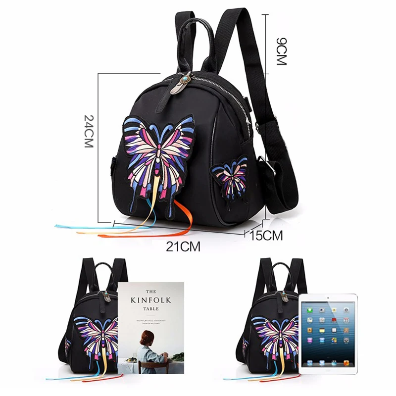 Повседневный маленький рюкзак с бабочкой для девочек, Женский ранец в этническом стиле, сумка на плечо с вышивкой тигра, черная нейлоновая задняя Сумка