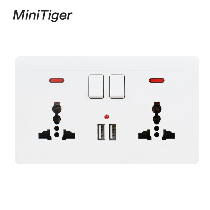 

Minitiger Wall Power Socket 2 Gang Universal 3 Hole Switched Outlet With Neon 2.1A Dual USB Charger Port LED indicator 146mm*86m