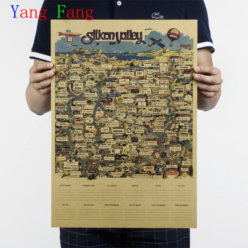 

51x36cm Paper Posters Retro Vintage Paper Posters Silicon Valley Map Of The World Famous IT Enterprise Directory Wall Sticker
