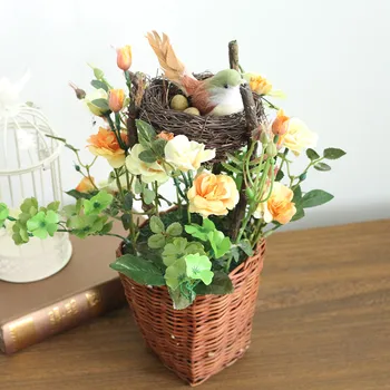 

Flone Artificial Rose Bird 's Nest Simulation Flower Garden Home Decor Plant Pot Idyllic Wind Bird' s Nest Rose Fake Flowers
