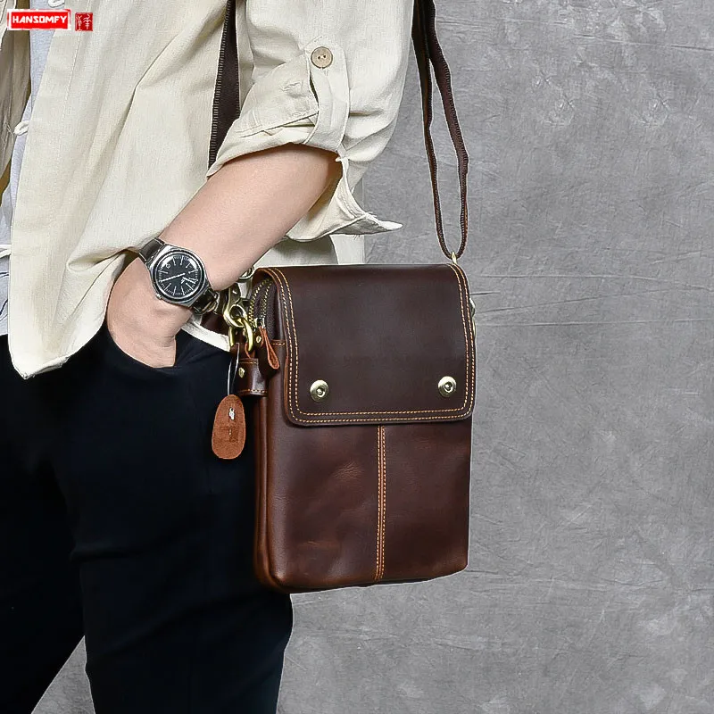 New Men's small crossbody bags real genuine leather retro male