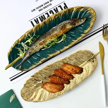 

Gold plant Leaf Ceramic Storage Tray Jewelry Display Plate Creative Dessert Snack Cake Plate Dish Restaurant Serving Tray