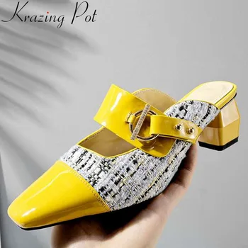 

Krazing Pot mixed colors natural leather slip on high heels mules classic square toe metal buckle new fashion big size pumps L13