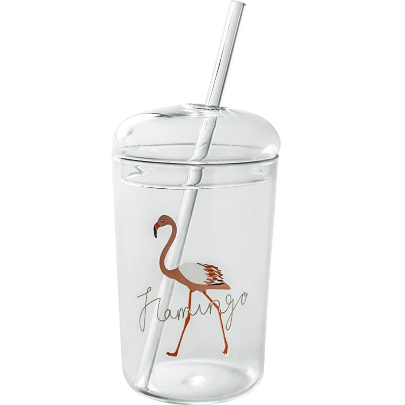 Прозрачная 450 мл стеклянная чаша термос для воды, кофе Cola Фламинго кружки с соломенным молочным соком чашки домашний бар ресторан поставщик подарки
