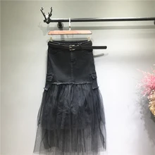 Европейский Grand Prix Модные женские джинсовые юбки новые весенне-летние лоскутные газовые плиссированные юбки для женщин юбка до щиколотки