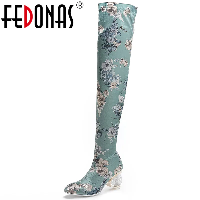 

FEDONAS Autumn New Vintage Flowers Print Round Toe Strange Heels Women Over The Knee Boots Party Prom Shoes Woman Long Boots