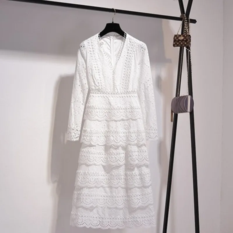Элегантный оборками с v-образным вырезом с длинным рукавом t-рубашка кофта белые кружевные Длинные вечерние платья Для женщин Высокое качество для отпуска, в богемном стиле пляжное платье S-XXL