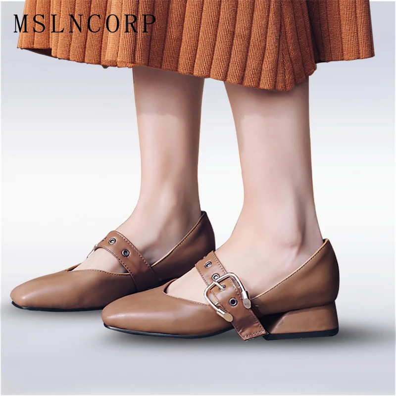

plus size 34-50 New 2018 Womens Spring Autumn Soft Leather Dress Party Mid Heel Loafers Buckle Strap Square Toe Mary Jane Shoes