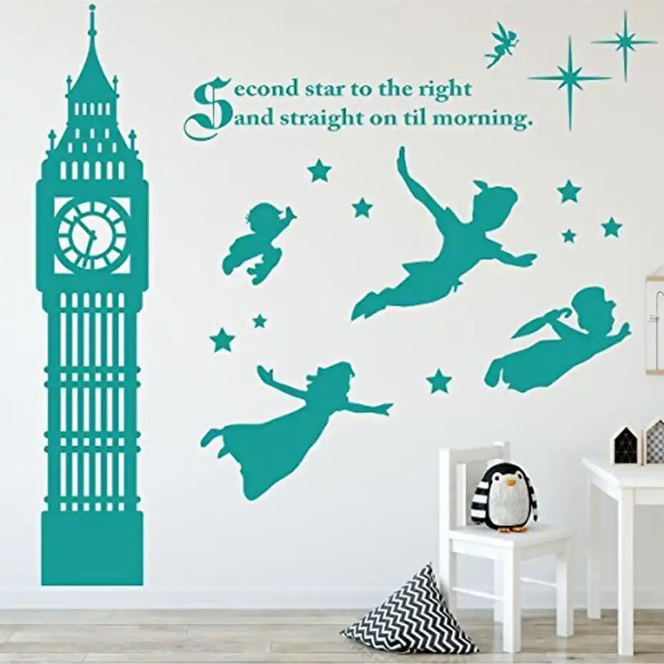 Peter Pan Scene Silhouettes Removable Wall Stickers Stars Big Ben Wall