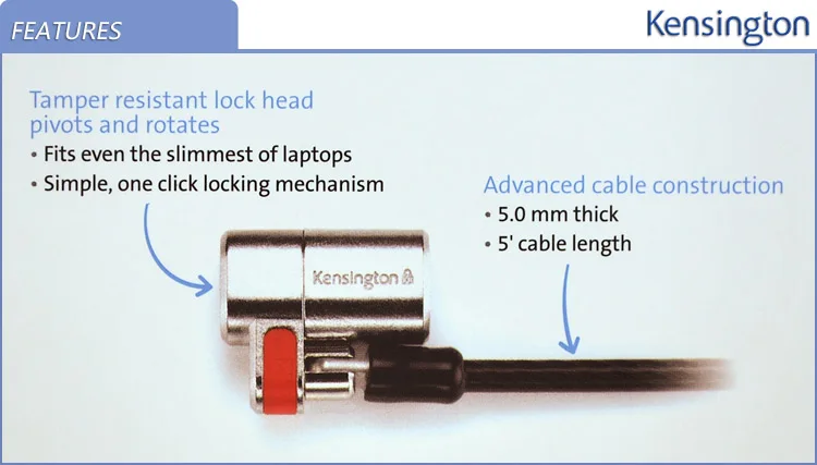 Противоугонный замок для ноутбука Kensington ClickSafe с ключом и ультрабуком, 1,5 м, безопасная кабельная цепь, розничная посылка K64664