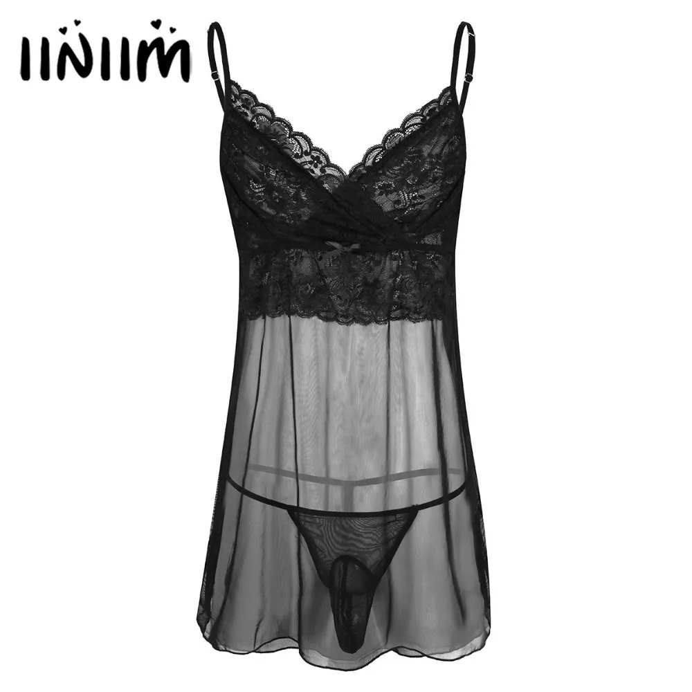 Cena Męskie gorące Sissy komplet bielizny przezroczysta siateczka Wetlook przezroczysta Mini sukienka z stringi Gay Sexy String Homme bielizna nocna