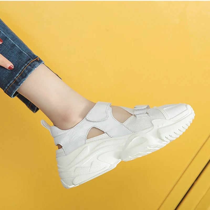Women's White Shoes Chunky Sandals 2019 Summer Casual Closed Toe Female Platform Sandals PU Leather Woman Summer Beach Sandal