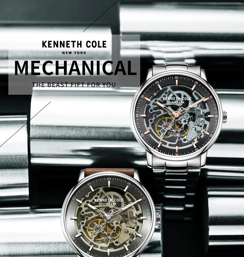 Kenneth Cole оригинальные мужские часы коричневые автоматические механические с кожаной пряжкой водонепроницаемые Роскошные Брендовые Часы KC15104003