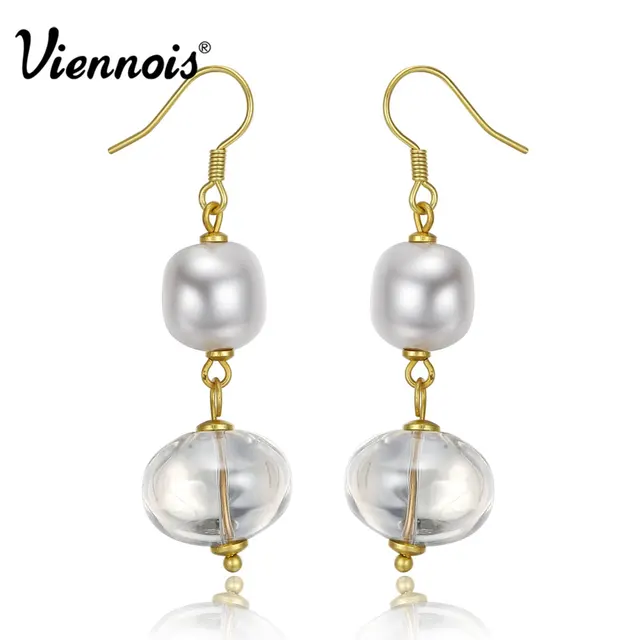 Viennois Gold Color Crystal Dangle Earrings For Women Double Viennois Gold Color Crystal Dangle Earrings For Women Double Simulated Pearl Female Elegant Drop