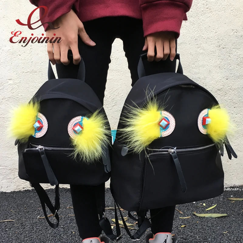 Fashion personality good quality nylon rivets faux fur casual fashion ladies backpack girls school bag female
