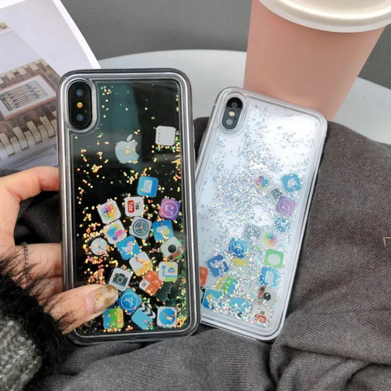 Para iPhone 8 líquido duro de la PC de la carcasa del teléfono para iPhone 6 iPhone 6 6 S 7 8 Plus X XS X XR funda con icono de aplicación bonita cubierta de arena movediza MAX