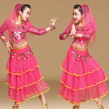 

High Quality Belly Dancing Suit For Girl Red Yellow Rose Indian Standard Garment Bollywood Children Skirt+Tops Costumes Q4047