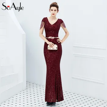 

SoAyle Burdundy Evening Dress Long Sequin V-neck Tassel Green Prom dress Mermaid Evening Dress for Women