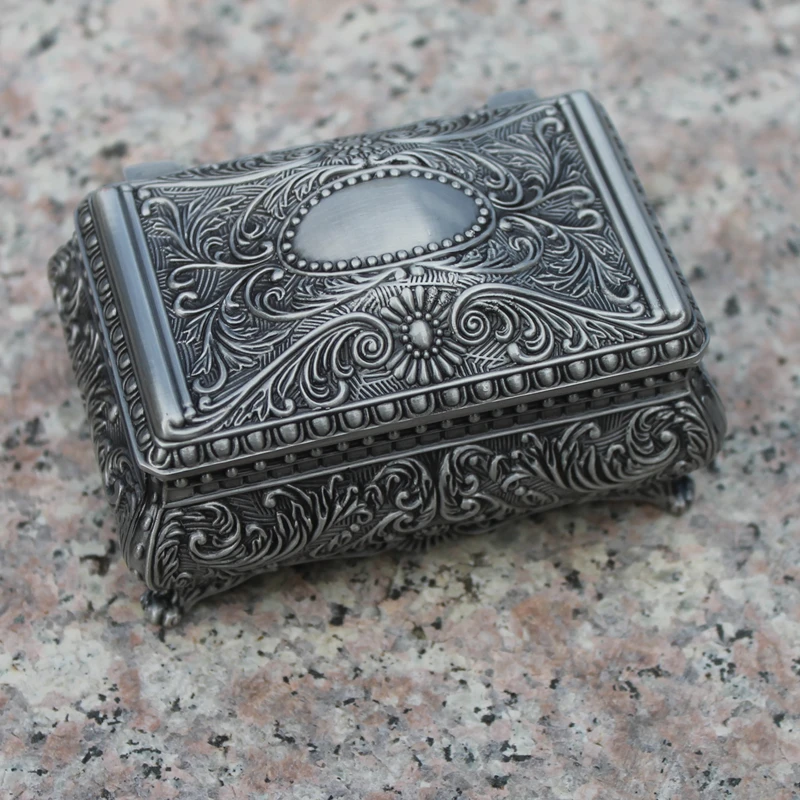 Free shipping pewter plated flower engraved metal jewellery box, zinc