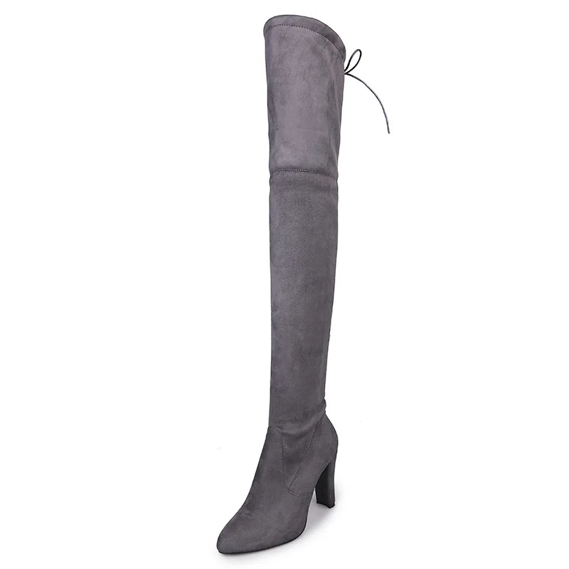 

Autumn and winter Korean women's boots pointed suede retro over the knee boots thick with high boots gray 1022