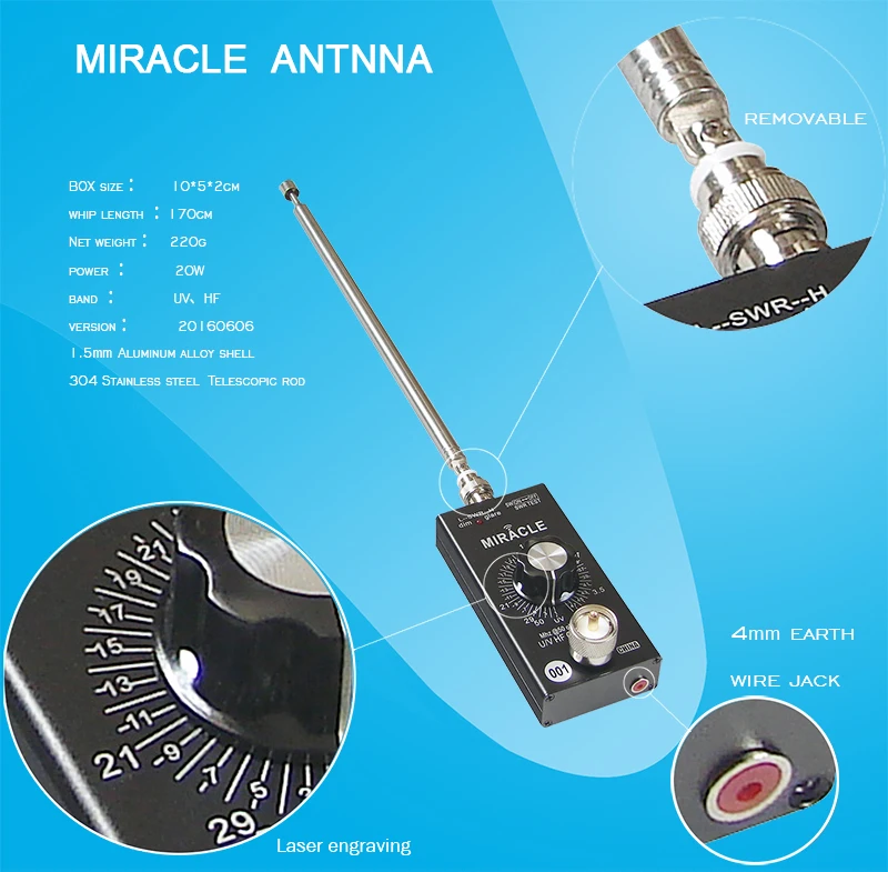 Antena Miracle QRP portátil de banda completa con látigo desmontable