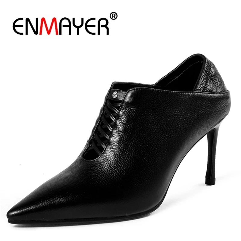 

ENMAYER 2018 Spring Autumn Genuine Leather Mature Black Mules Pointed Toe OL Pumps High Heels Women Shoes Size 34-39 Sale CR591
