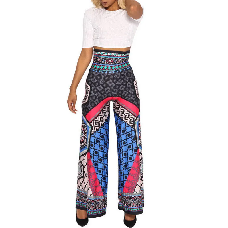 

Women's Boho Wide Leg High Waist Trousers Ladies Ethnic Style Printed Flare Palazzo Pants Leisure Loose Cropped Wide Leg Pants