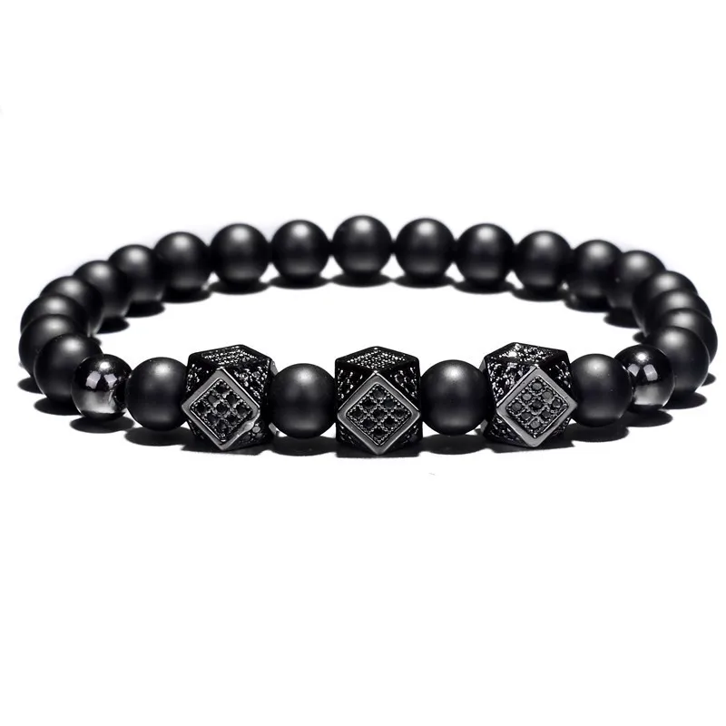 Black Cubic Браслет с шармом с короной 6 мм черный круглый Натуральный Камень Бисер кубический Micro Pave CZ женский золотой браслет Для мужчин Pulseira Bileklik - Окраска металла: Black Cubic