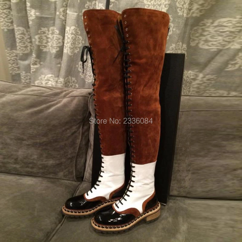 

Winter Mixed Colors Suede And Leather Flat Over The Knee Boots Woman Lace-up Motorcycle Boots Thigh High Booties Zipper Woman