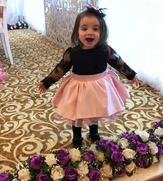 

Black lace and pink satin girl prom gown baby infant ball gown pageant dress for birthday party